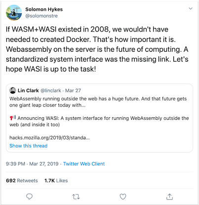 Tweet about WASI from Docker founder
